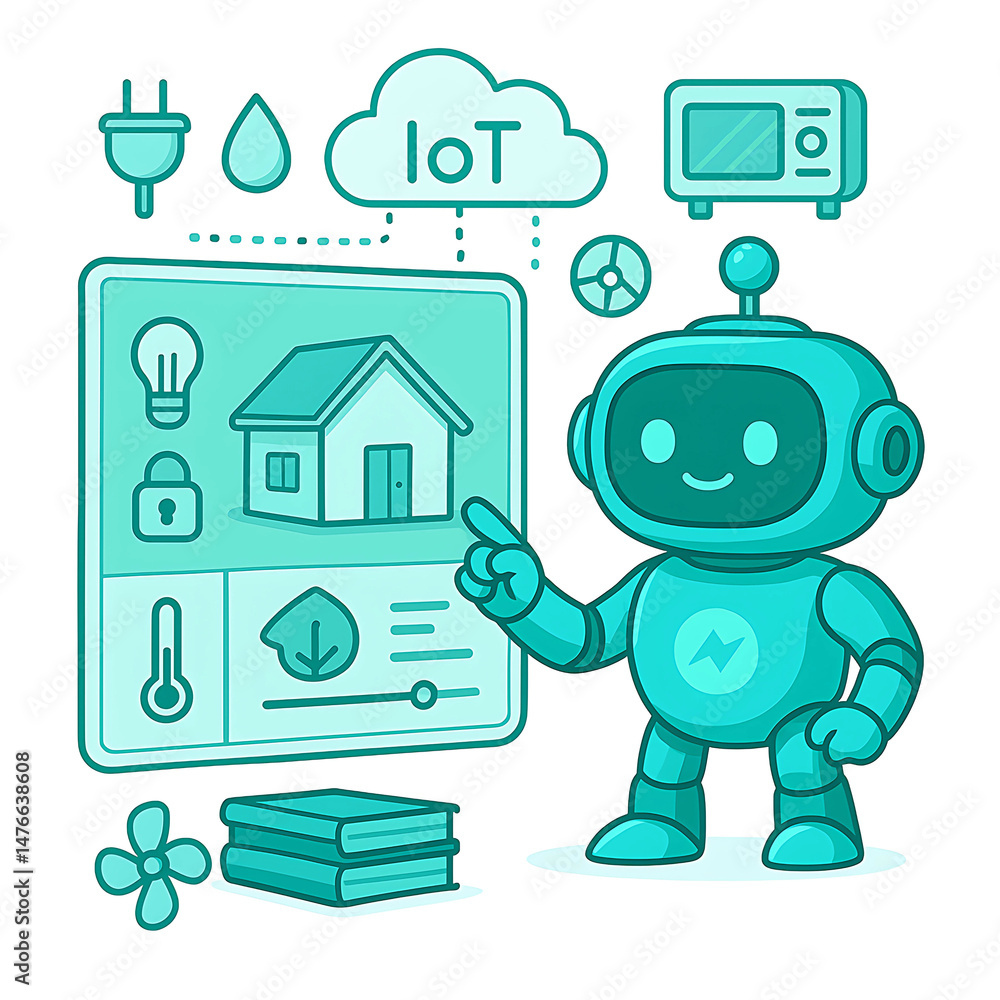 Naklejka premium SmartHome AI: Robot Managing Home Appliances