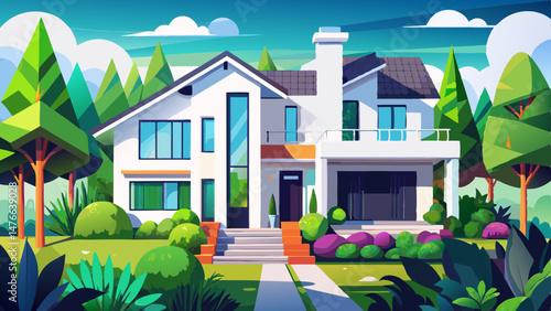 A contemporary white house featuring striking black frames, surrounded by vibrant greenery, nestled in a sunny and inviting residential neighborhood