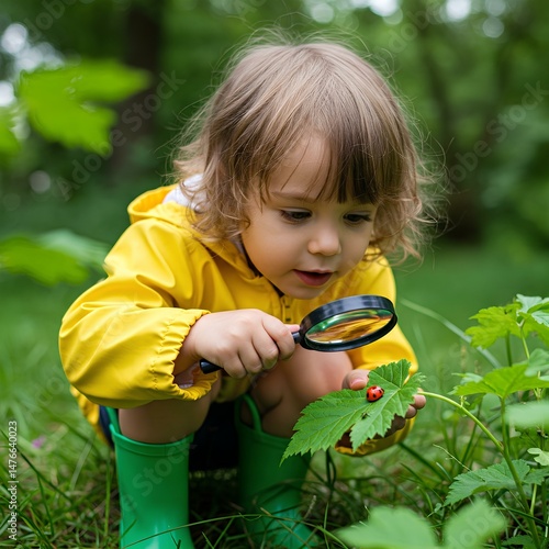 Curious toddler in yellow raincoat explores nature using magnifying glass, observing ladybug on leaf in lush green garden, enjoying outdoor discovery and child development.
