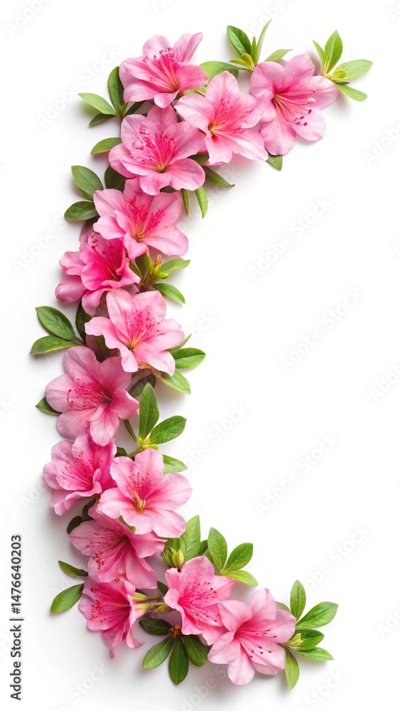 Fototapeta premium Delicate Pink Azalea Flowers and Green Leaves Arranged in a Crescent Shape