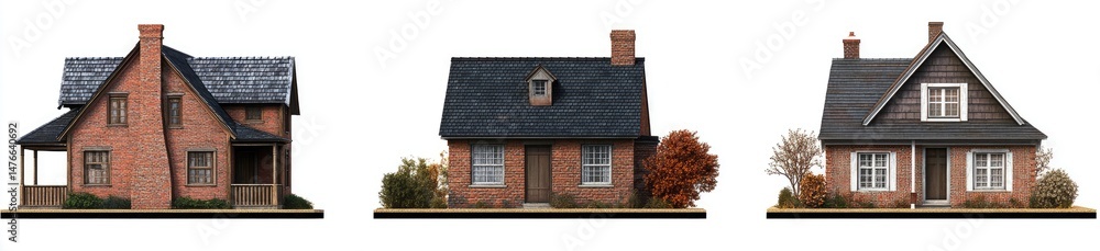 Fototapeta premium Three charming brick homes with varied architectural styles