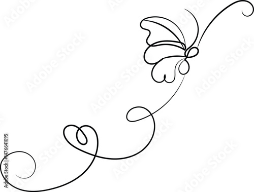 Elegant Single Line Butterfly Design with Swirls and Heart Shape