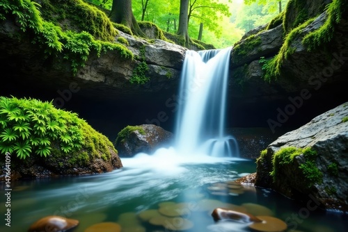 Waterfall on a rock surface with moss and ferns, damp environment, nature landscapes, growth