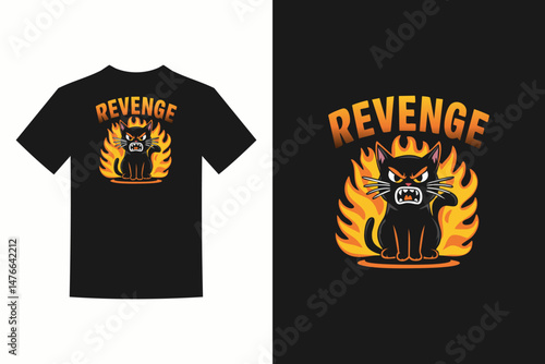 Angry cat on fire on a black tshirt.