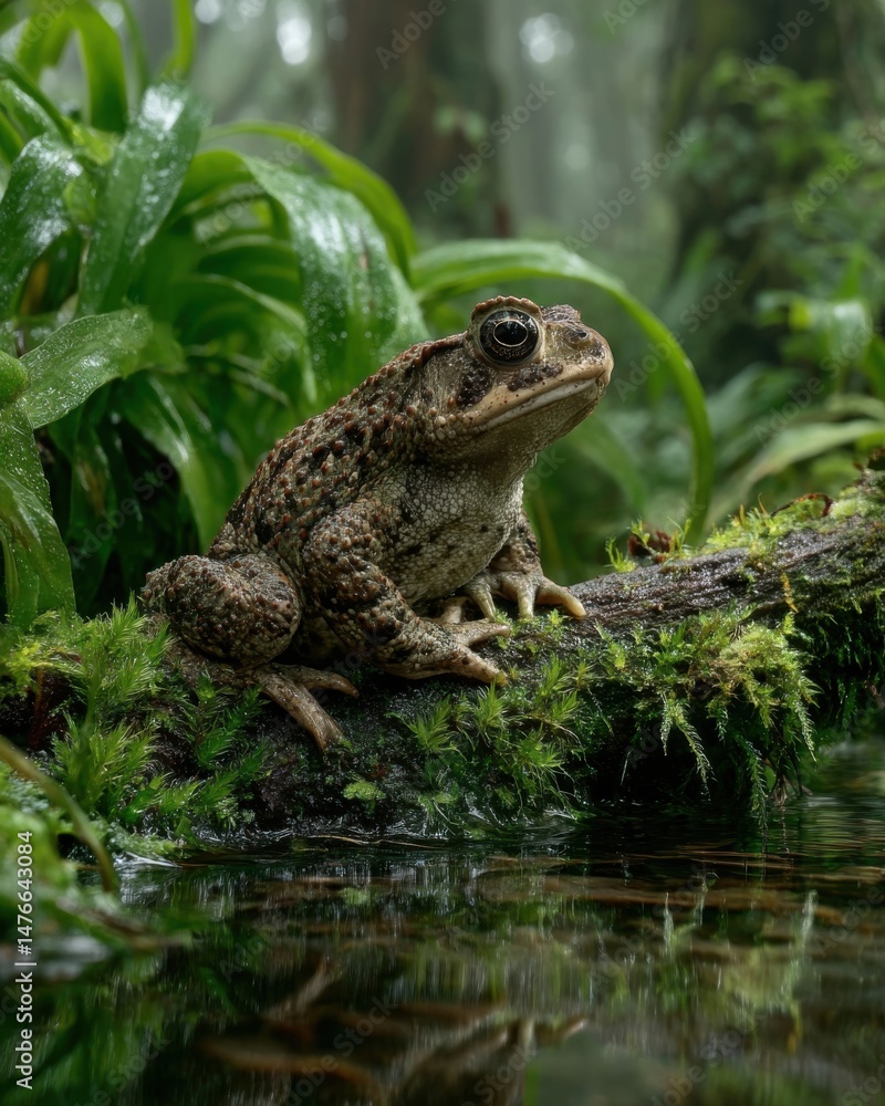 Fototapeta premium Hidden Lives of the Amboli Toad – Camouflage and Survival in the Western Ghats Amboli Toad Resting on Mossy Branch Over Forest Stream in Light Rain