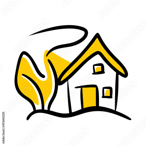 Cozy house with smoke and tree in a minimalist style  