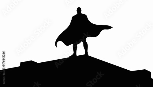 Heroic silhouette landing on rooftop at sunset, bravery and strength