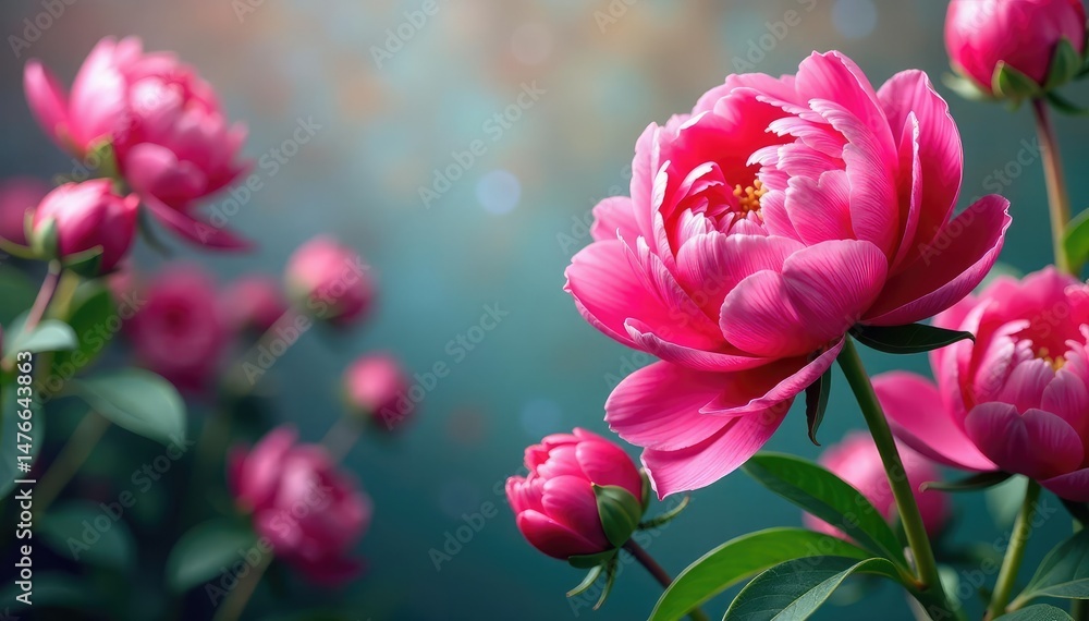 Bold peony blossoms, swirling stems, vibrant color palette, flowers, saturated, print Bold peony blossoms, swirling stems, vibrant color palette, flowers, saturated, print