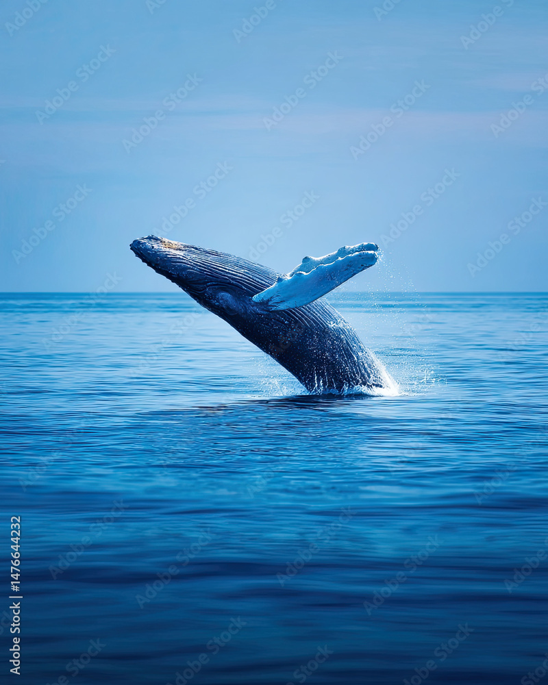 Obraz premium Majestic whale breaching calm ocean surface with water splashing around, showcasing power and grace of marine life in serene blue seascape