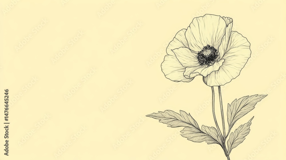 Fototapeta premium A single flower accompanied by leaves is depicted in elegant line art on a cream-colored background