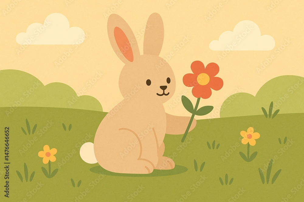 Fototapeta premium Cute Bunny Cartoon with Flower - Whimsical Springtime Illustration