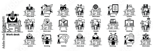 A series of images depicting various work environments in line drawing style