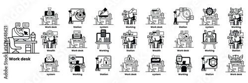 A series of images of people working at a desk in line drawing style