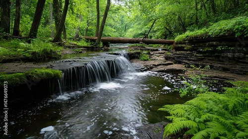 Lush forest stream with small waterfall.