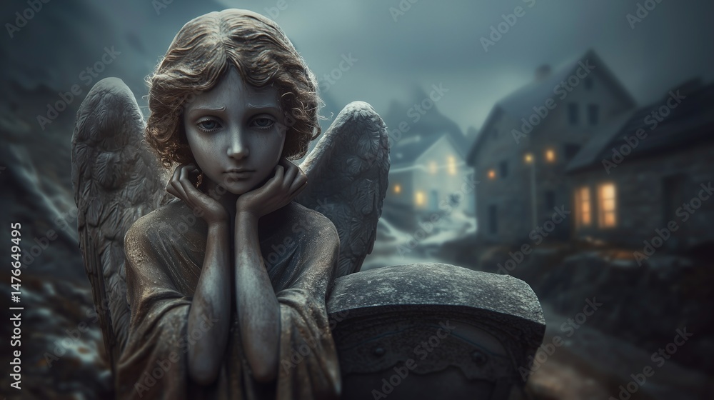 Fototapeta premium Melancholic Angel in Foggy Graveyard Scene