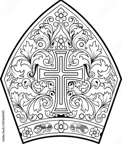 Ornate Bishop Mitre Vector with Cross and Floral Baroque Patterns – Black and White Religious Line Art Illustration