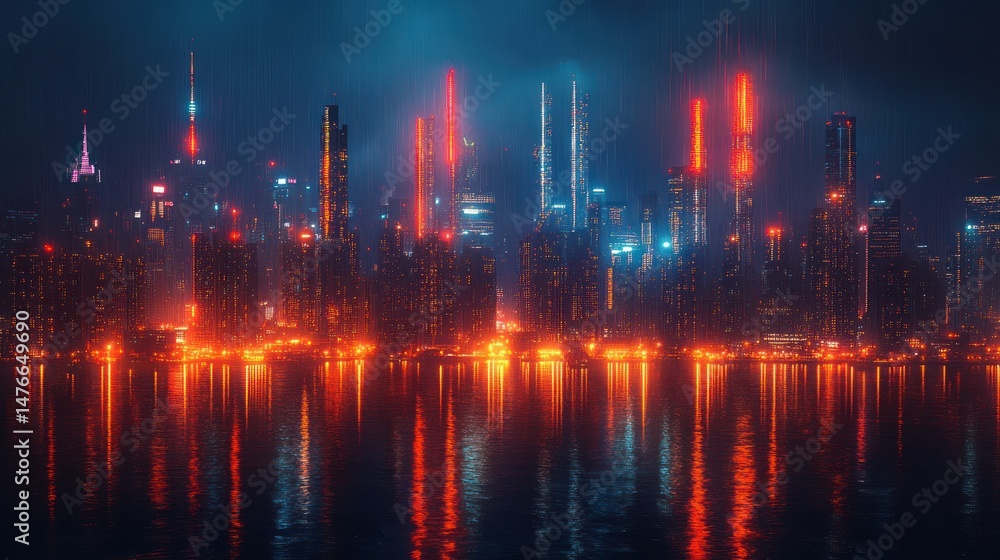 Fototapeta premium Night city skyline neon lights