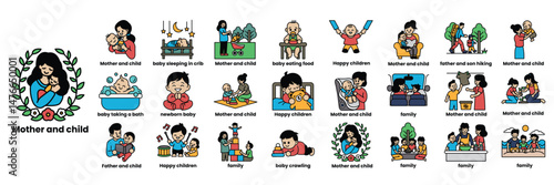 A series of images depicting various aspects of motherhood and childrearing