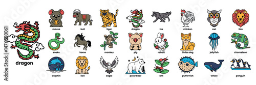 row of animals with the word animal on the left