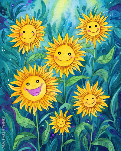 Whimsical watercolor painting of sunflowers with smiling faces and bright yellow petals, set against vibrant blue and green leafy background, evoking joy and cheerfulness