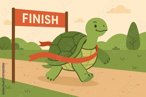 Cartoon Turtle Illustration at Finish Line: Cute Children's Animal Art with Whimsical Race Scene