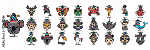 A collection of animal faces with hats on them