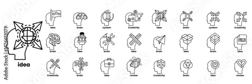 A collection of heads with various icons and words in line drawing style