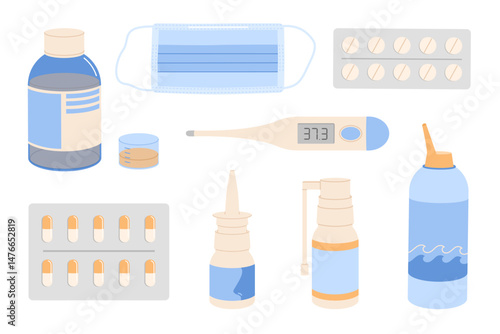 Medicine elements set. Blisters with capsules, nasal spray, cough syrup, spray for sore throat and digital thermometer. Flat vector isolated illustration