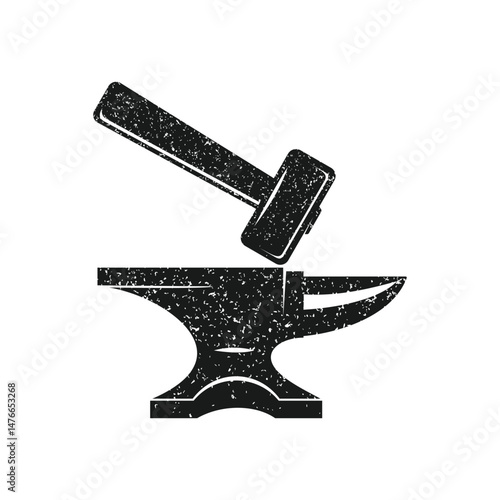 Hand drawn red hammer and anvil in the rays of light. Black metal work. Blacksmithing vintage label. Vector illustration.