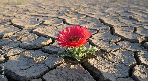 Drought survival shot, bright red flower blooms in parched ground, symbolizing hope, endurance, climate resilience, with cracked textured surface close-up.