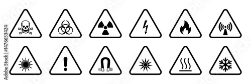 Set of 12 triangular hazard warning signs including toxic, biohazard, radiation, electric shock, flammable, EMF, laser, caution, magnet, UV, hot surface, and cold hazard icons.