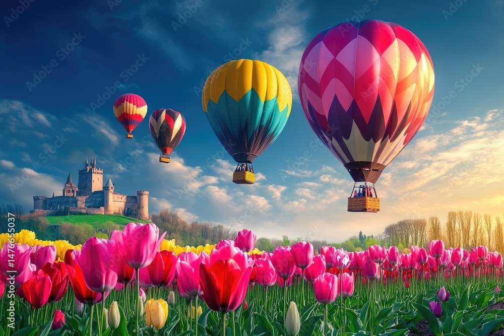 Fototapeta premium Colorful hot air balloons above a field of tulips and a medieval castle at sunrise. 