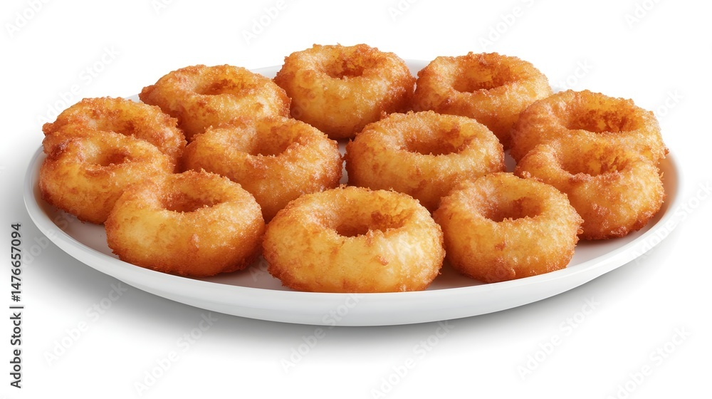 Crispy Onion Rings Circular Arrangement on White Plate Serving Crispy Onion Rings Circular Arrangement on White Plate Serving