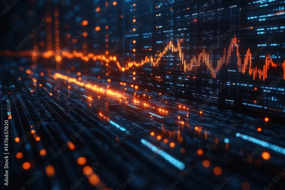 Digital visualization of stock market fluctuations in abstract design with glowing lines and data points Digital visualization of stock market fluctuations in abstract design with glowing lines and data points