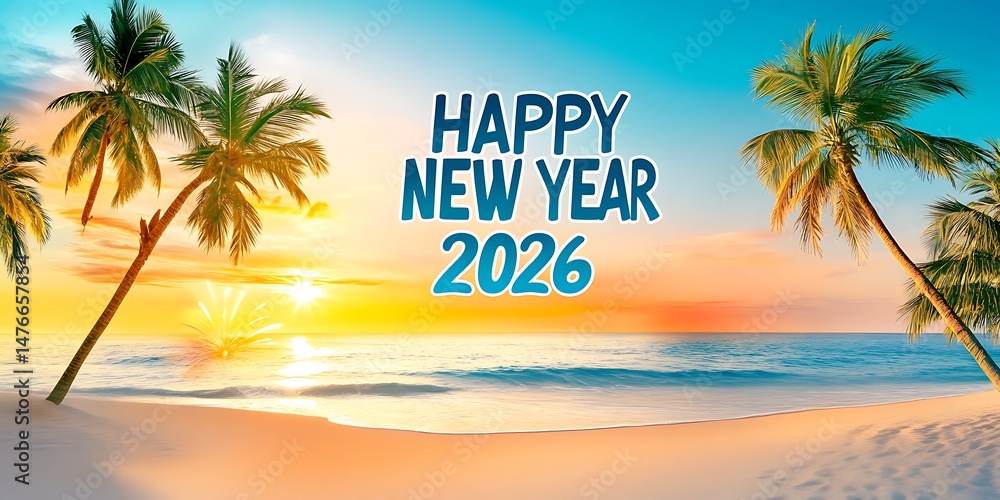 Fototapeta premium Happy New Year 2026 Tropical Beach Sunset Image Background Wallpaper