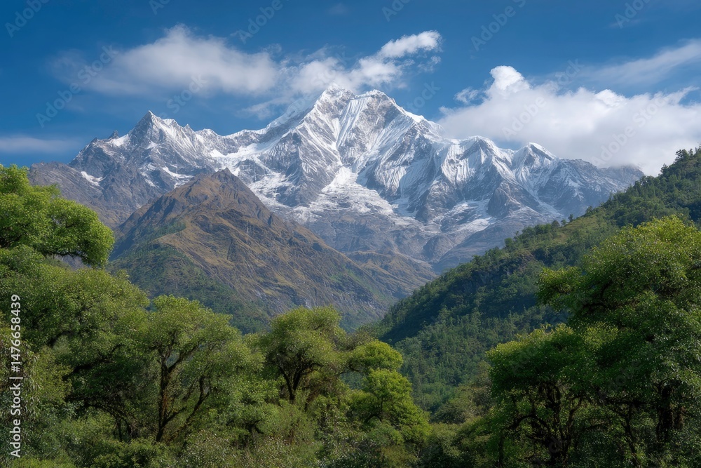 Majestic Himalayan Peak: Snow-Capped Majesty Amidst Lush Greenery Majestic Himalayan Peak: Snow-Capped Majesty Amidst Lush Greenery