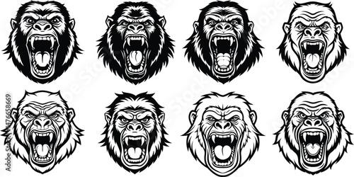 Roaring Gorilla Head Icons – Black and White Vector Ape Faces in Aggressive Tattoo Style