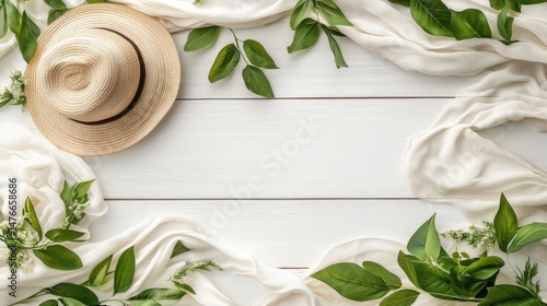 Natural flat lay with straw hat and green leaves over white wooden background