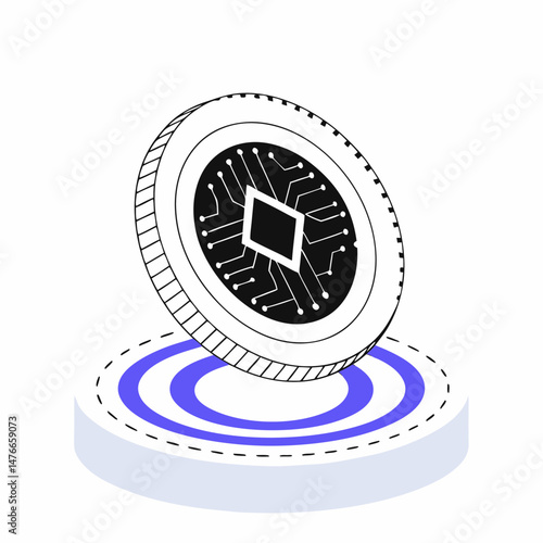 Vector illustration of stylized generic crypto token with circuit pattern and glowing abstract rings, isolated digital asset icon on white