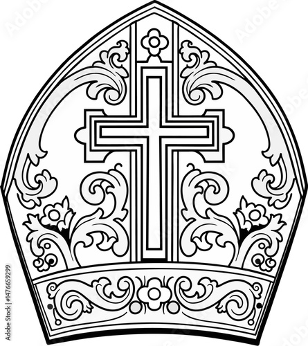 Elegant Bishop Mitre Vector with Central Cross and Floral Scrollwork – Black and White Christian Line Art Illustration