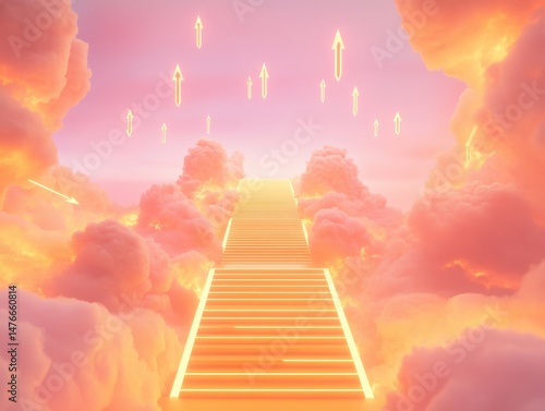 Staircase leading upward through fluffy pastel clouds with glowing arrows pointing skyward.