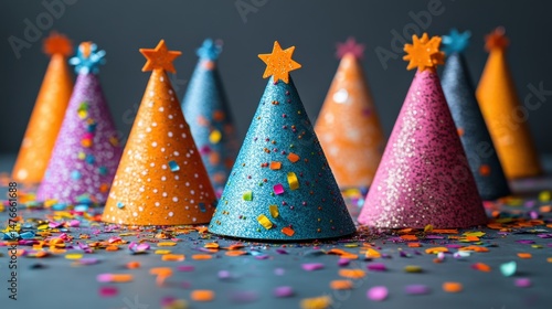 Colorful party hats surrounded by confetti on a table