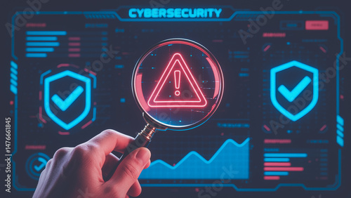 Magnifying glass highlighting a cybersecurity alert symbol on a technology interface for data protection.