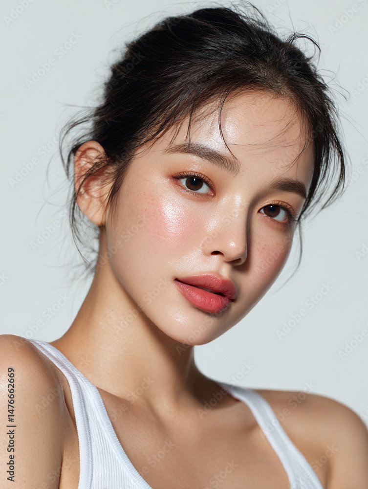 Korean Woman with Tied Hair in White Outfit Beauty Portrait, Minimal Beauty Shoot of Asian Model with Tied Hair in White, 20s Korean Female Beauty Stock Photo, AI Beauty Model in White Clothing, Simpl Korean Woman with Tied Hair in White Outfit Beauty Portrait, Minimal Beauty Shoot of Asian Model with Tied Hair in White, 20s Korean Female Beauty Stock Photo, AI Beauty Model in White Clothing, Simpl