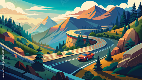 A route that winds through mountains. Two automobiles are trying to pass each other on a narrow lane. You are surrounded by a verdant forest.
