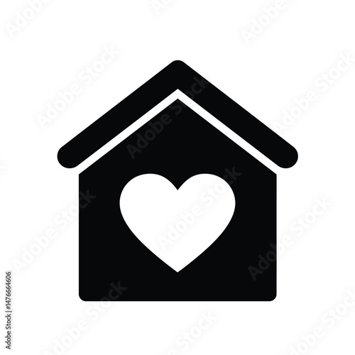 Simple black and white house icon featuring a heart symbolizing home and love