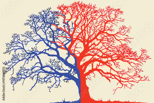 114 high definition, highly detailed, photorealistic, beautiful, intricate, colorful, vibrant, dramatic, abstract tree, one side blue, one side orange, contrasting colors, surreal, digital art, 8k res