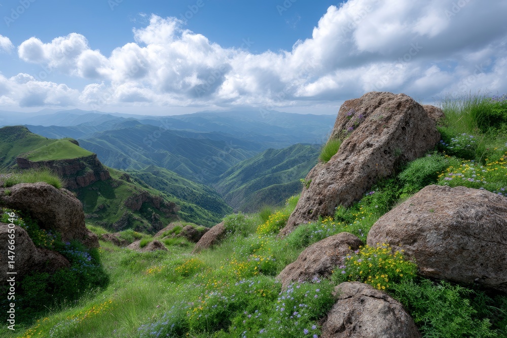 Mountaintop Panorama: Serene Vista of Rolling Hills and Wildflowers Mountaintop Panorama: Serene Vista of Rolling Hills and Wildflowers