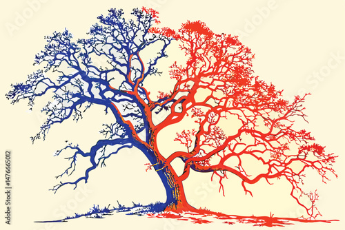 114 high definition, highly detailed, photorealistic, beautiful, intricate, colorful, vibrant, dramatic, abstract tree, one side blue, one side orange, contrasting colors, surreal, digital art, 8k res