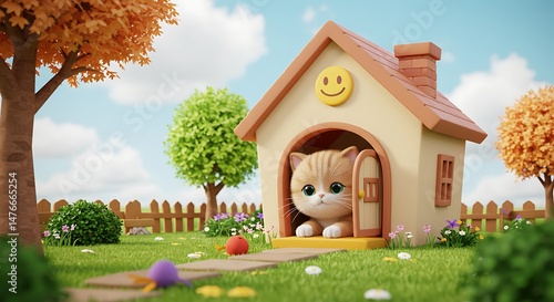 Cute Kitten in Autumn Garden House
